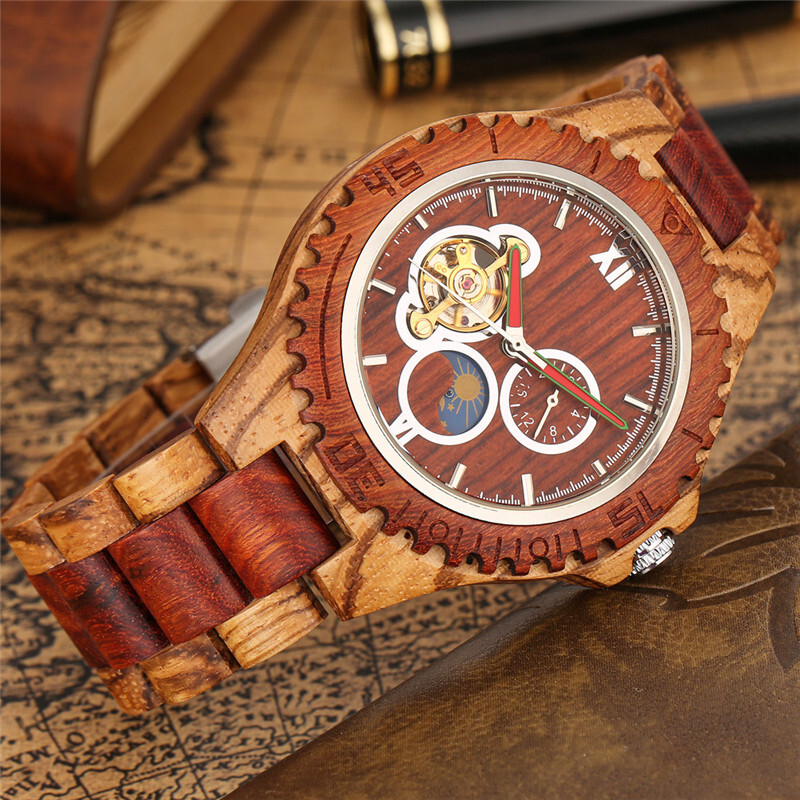 Men’s Wooden Automatic Watch Full Wooden Bracelet Wristwatch Folding Clasp Gifts