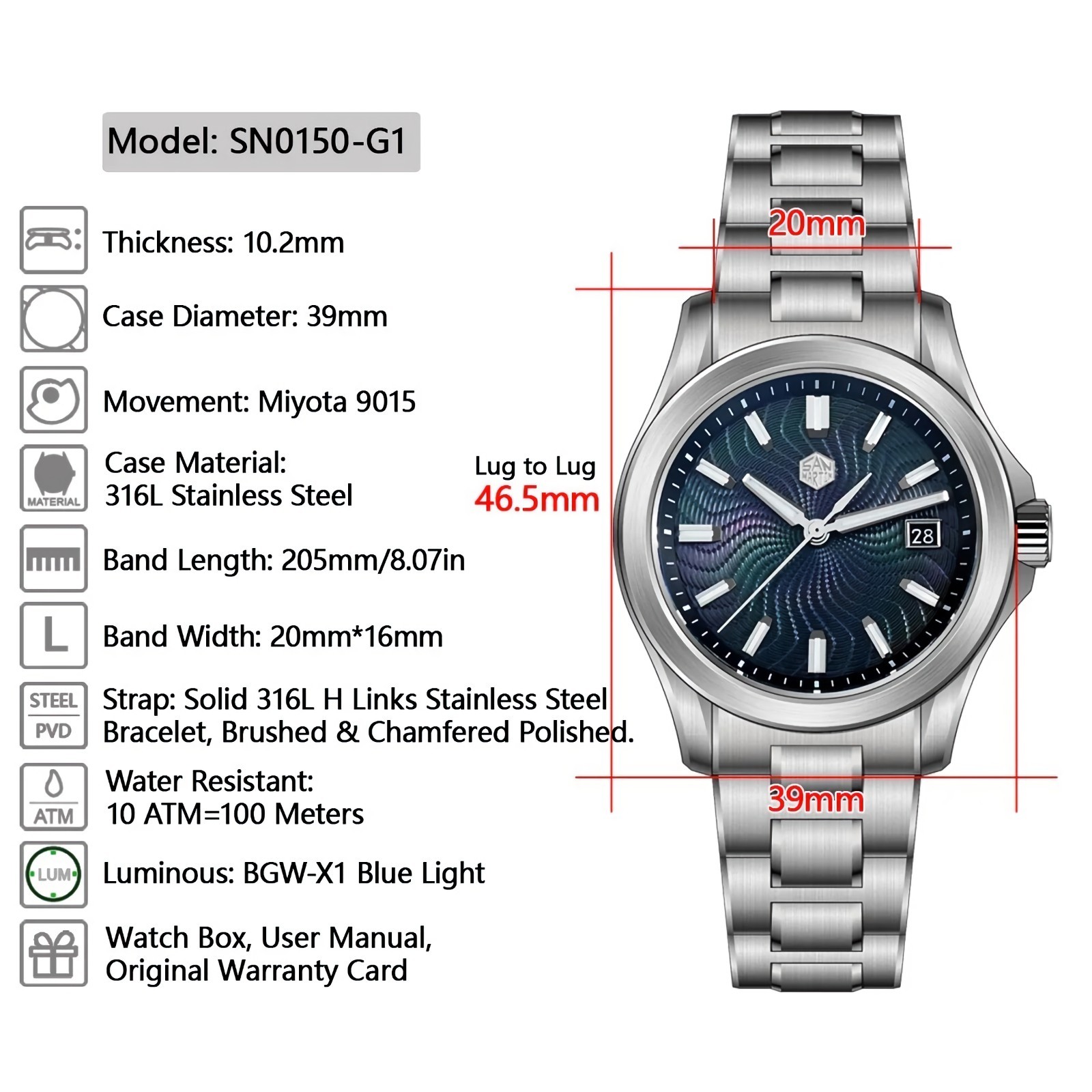 NEW San Martin SN0150-G – Black MOP Guilloche 39mm Automatic Watch – Miyota 9015