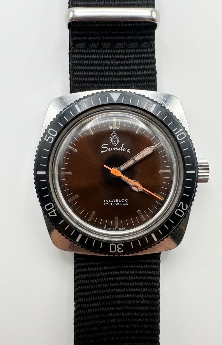 Rare Vintage Sandoz Diver Men’s Watch – Black Dial – Box – 17J Manual Wind Swiss