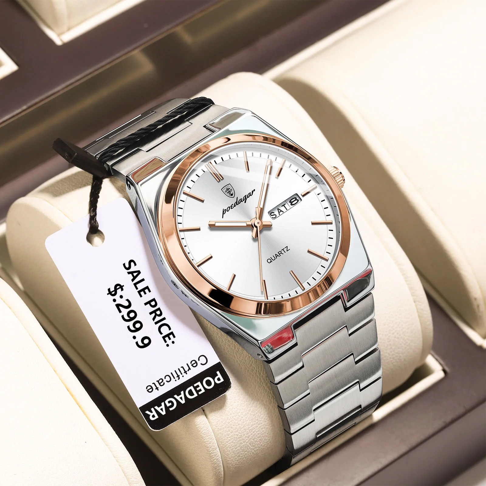 POEDAGAR Men’s Quartz Watch Stainless Steel Waterproof Day Date Luminous