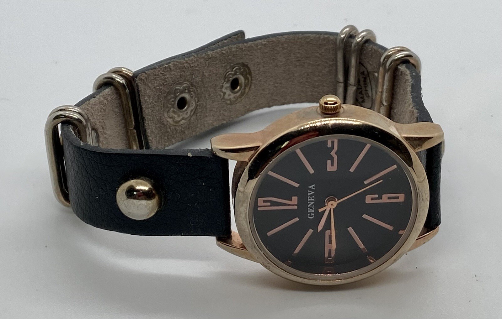 NEW NOS Geneva Ladies Watch W/New Battery Black Jeweled Studded Snap Band