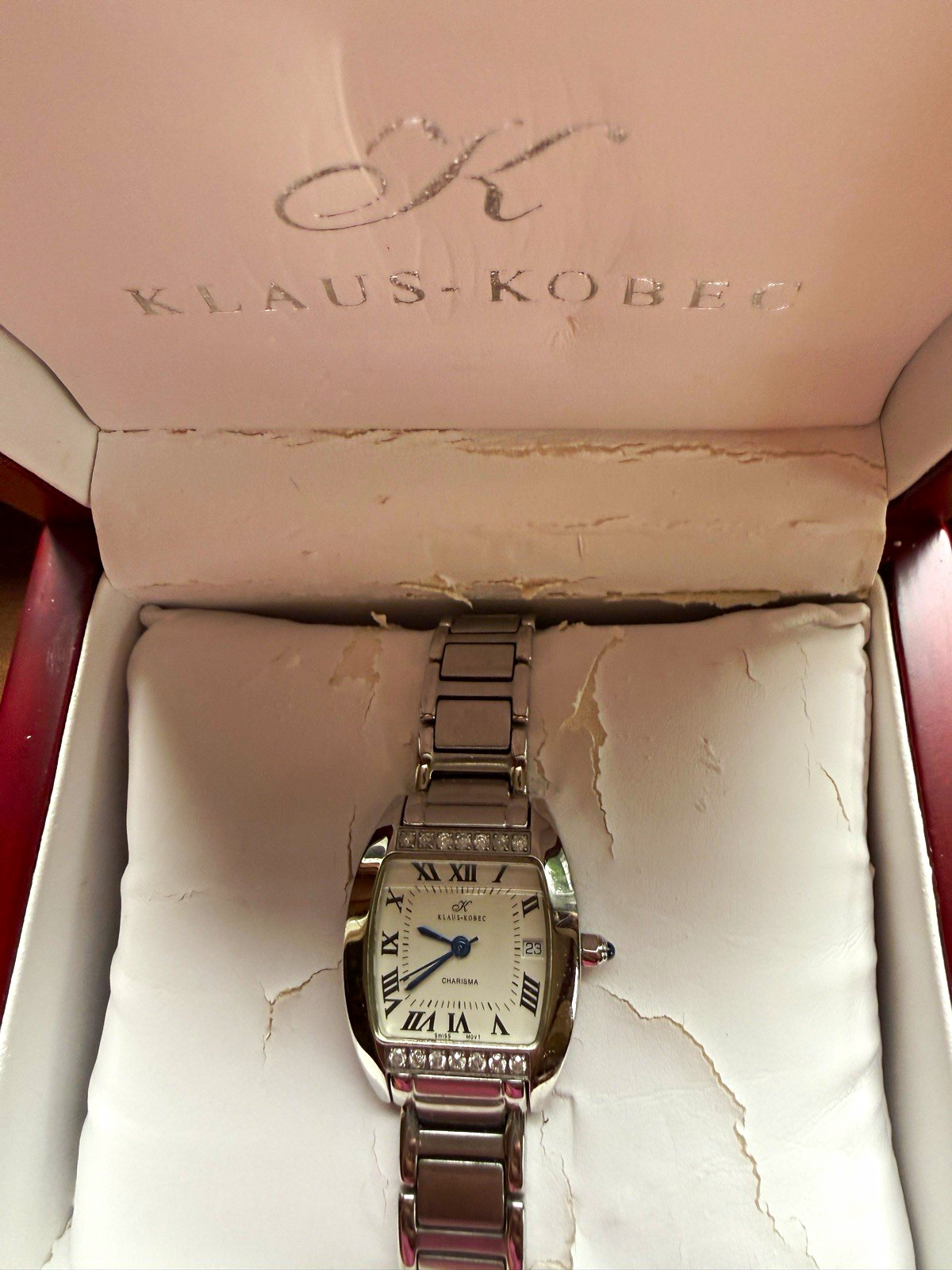 Klaus Kobec Charisma Diamond Quartz Date Silver SS Bracelet White Dial Box