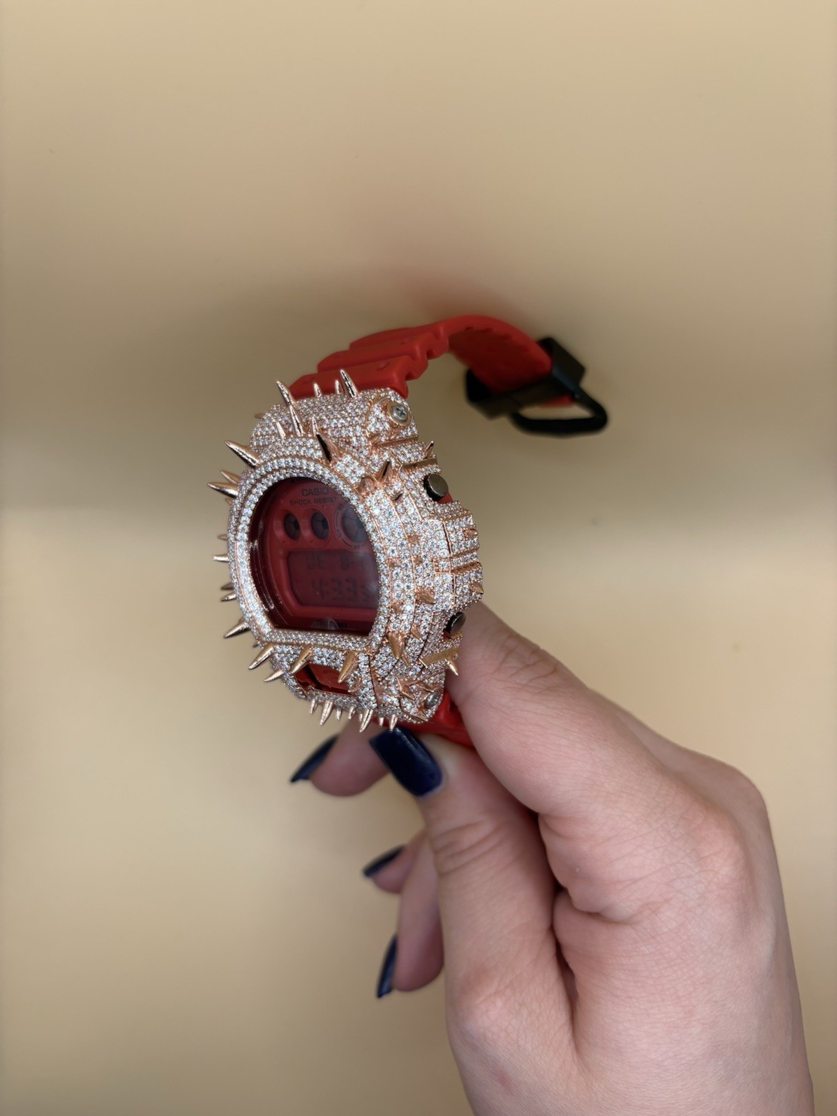 Casio G-SHOCK Red Digital Quartz Shock-Resistant 200m Gold Diamond Bezel