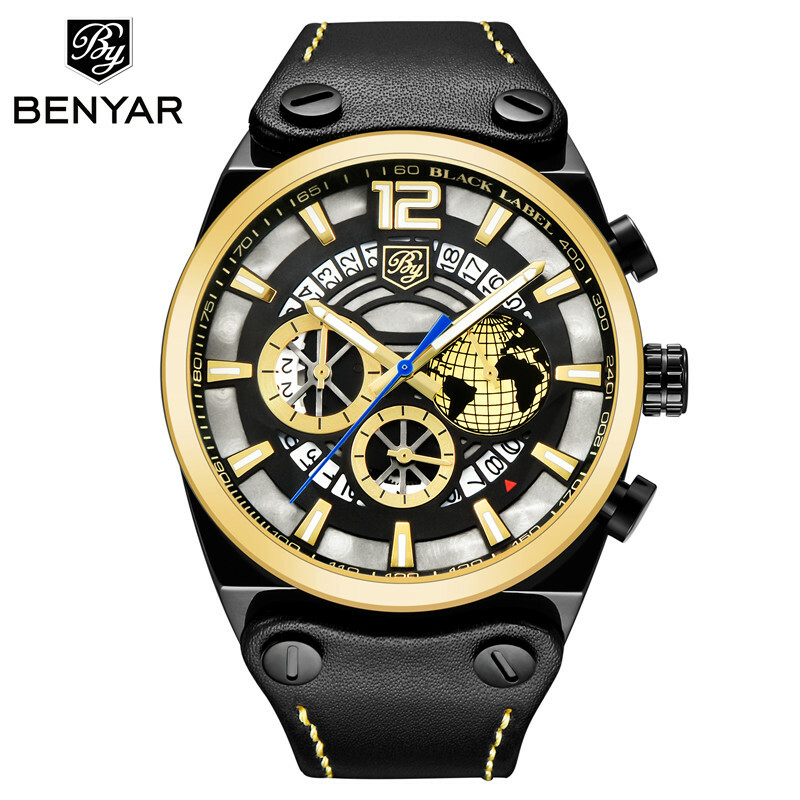 Luxury BENYAR 5141M Men Quartz Watch Chronograph Date Waterproof Rubber Leather