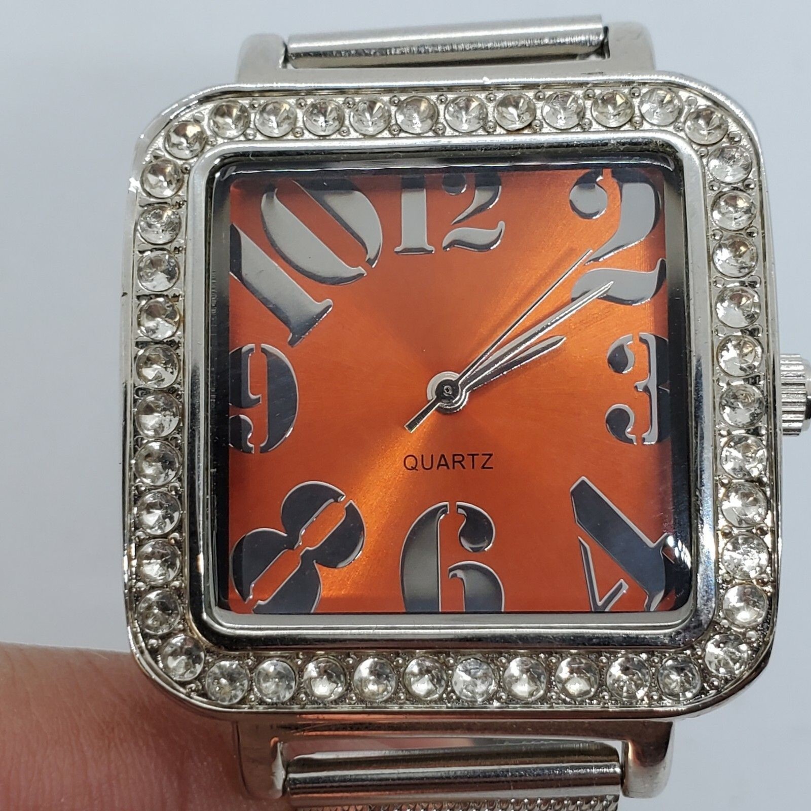 Women’s Watch 35MM Orange Dial Crystal Bezel Gray Bands Up to 7.75″ New Battery