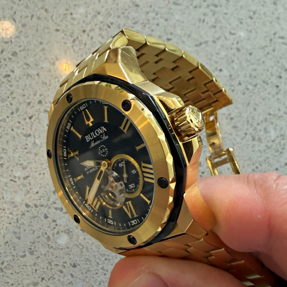 Bulova Marine Star Men’s Automatic 200m 45mm Gold Steel Black Roman Dial