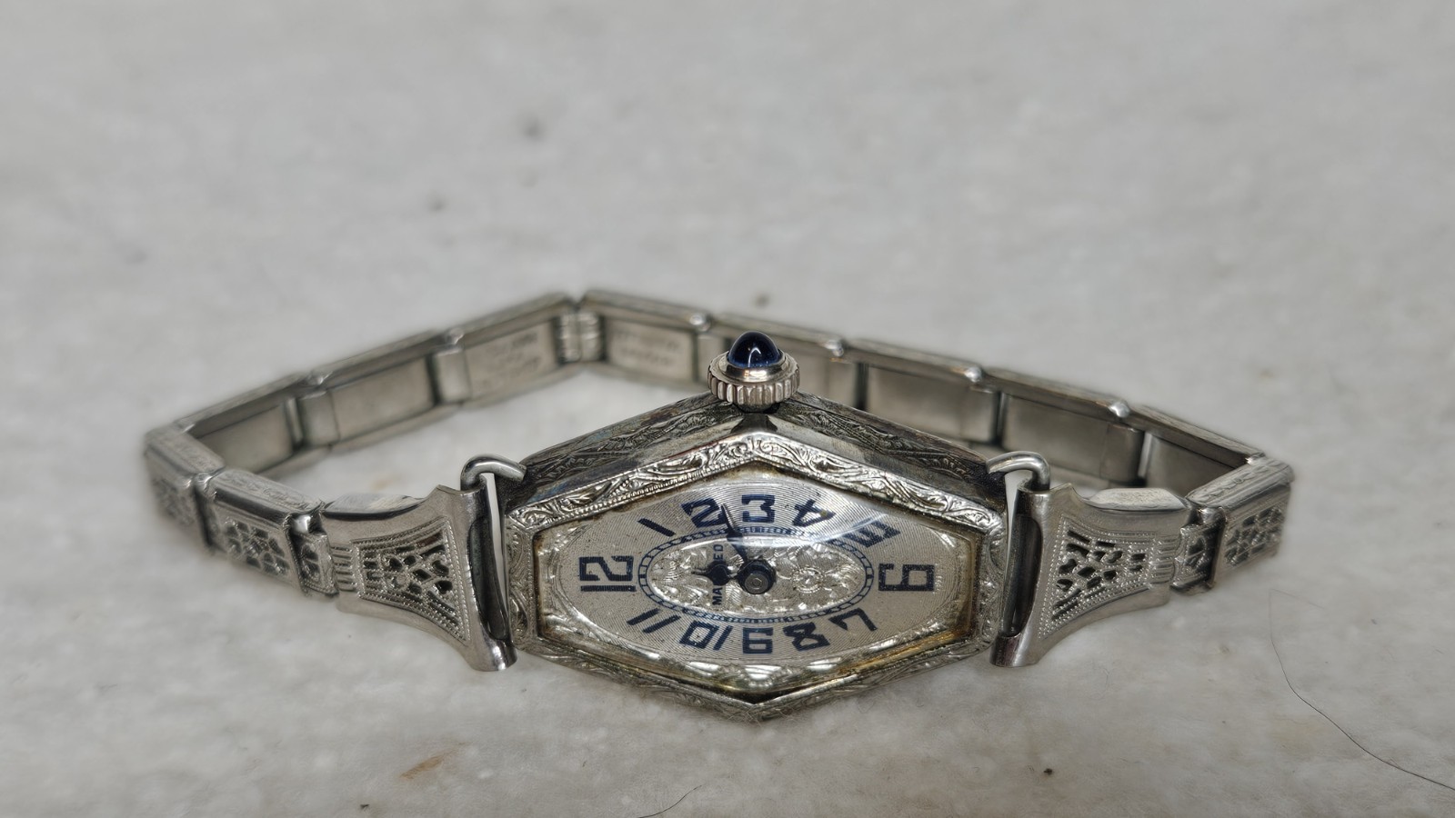 Art Deco Manfred 18KT White GF Mechanical Windup Ladies Watch-16 Jewels -WORKS