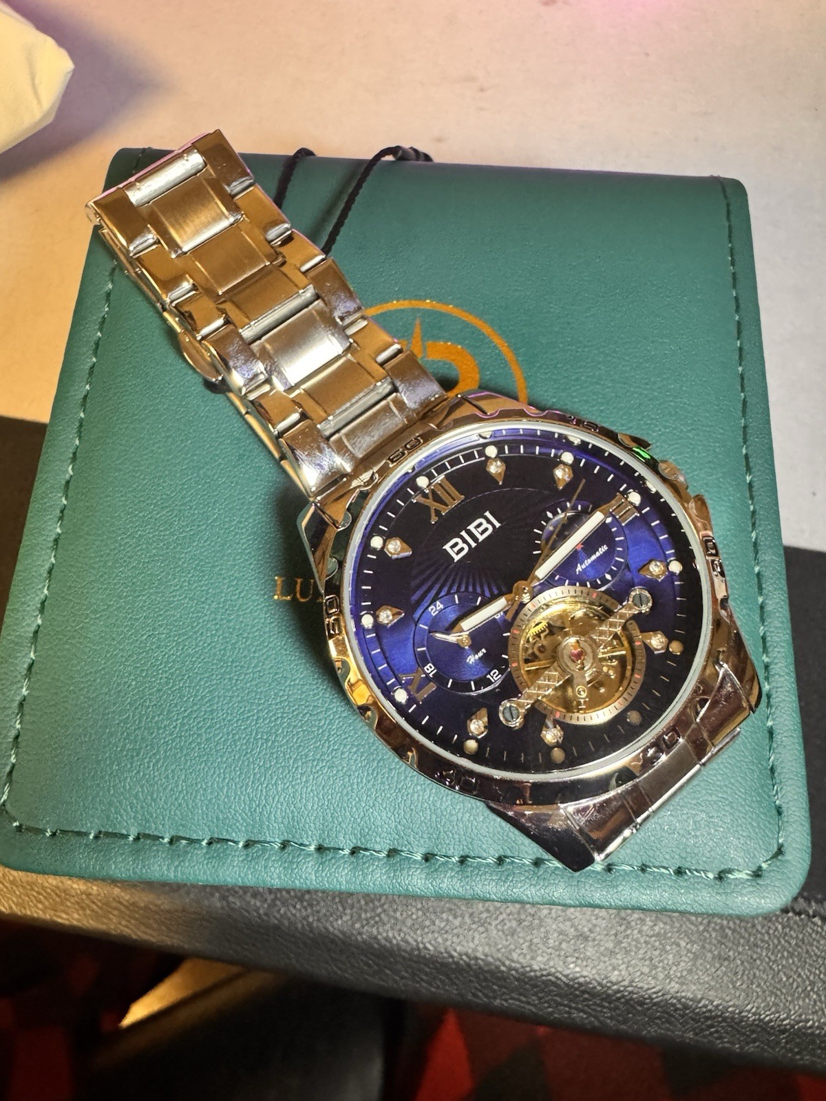 BIBI Men’s Automatic Mechanical Skeleton 24-Hour Blue Dial Two-Tone Bracelet