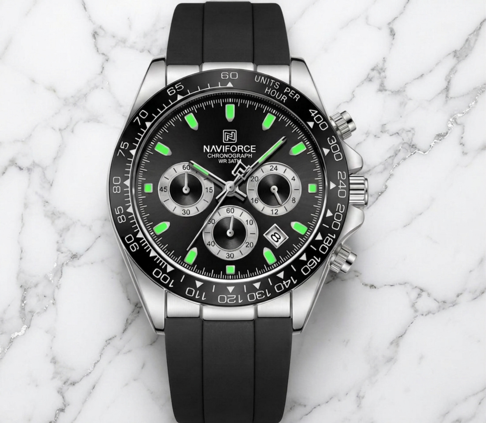 Men Sporty Silver Business Watch Tachymeter Bezel Silicone Strap Black Dial 42mm