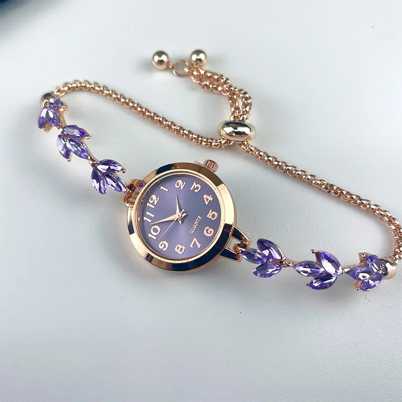 Round alloy case Arabic numeral classic dial leaf-shaped diamond-encrusted