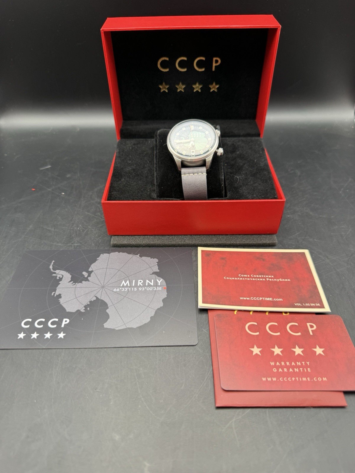 CCCP Mirny Watch Soviet-Inspired Green Dial Leather Strap Box Damage
