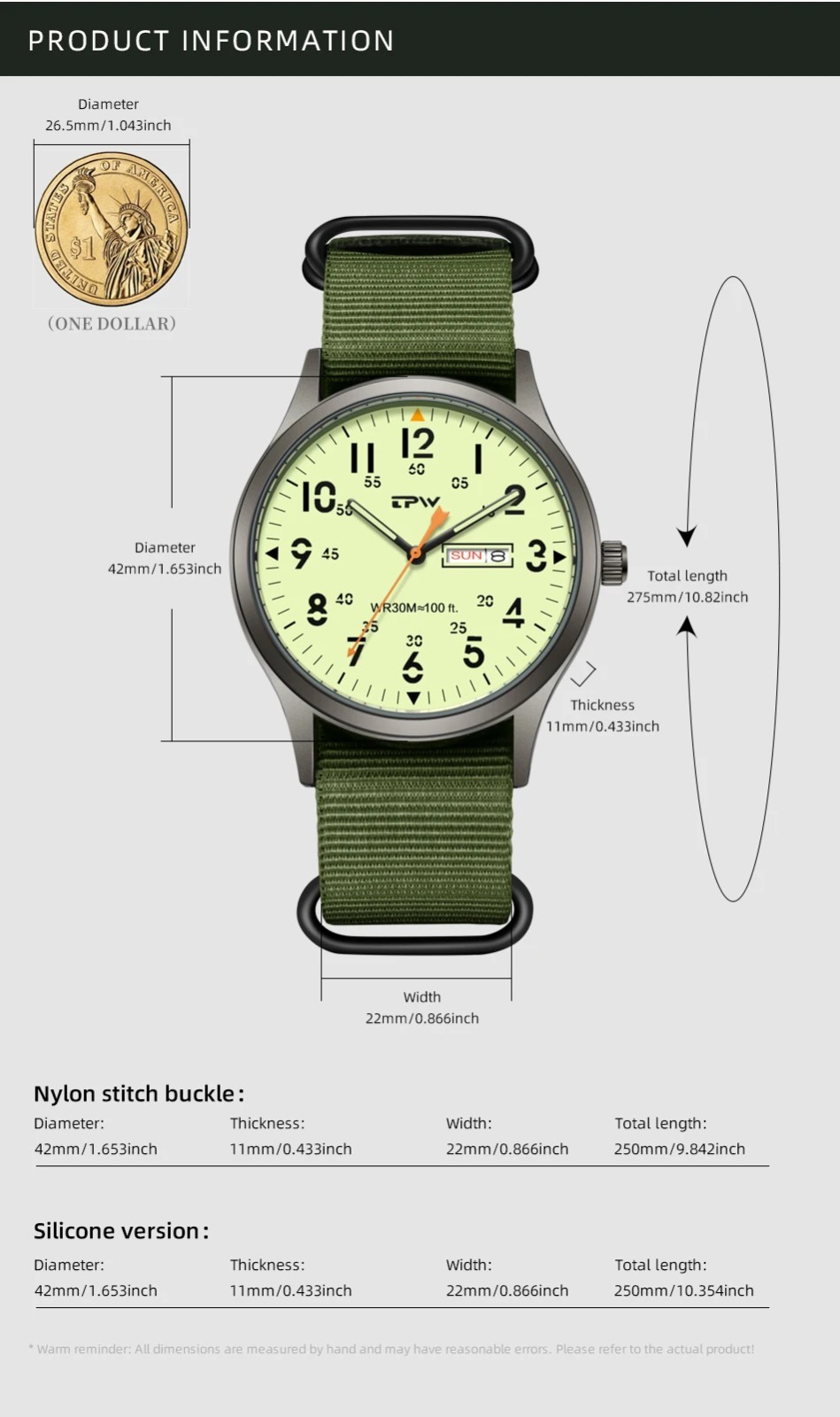 TPW 2026 Field Watch Quartz Military 24H Display Fabric Nylon Strap Easy Read