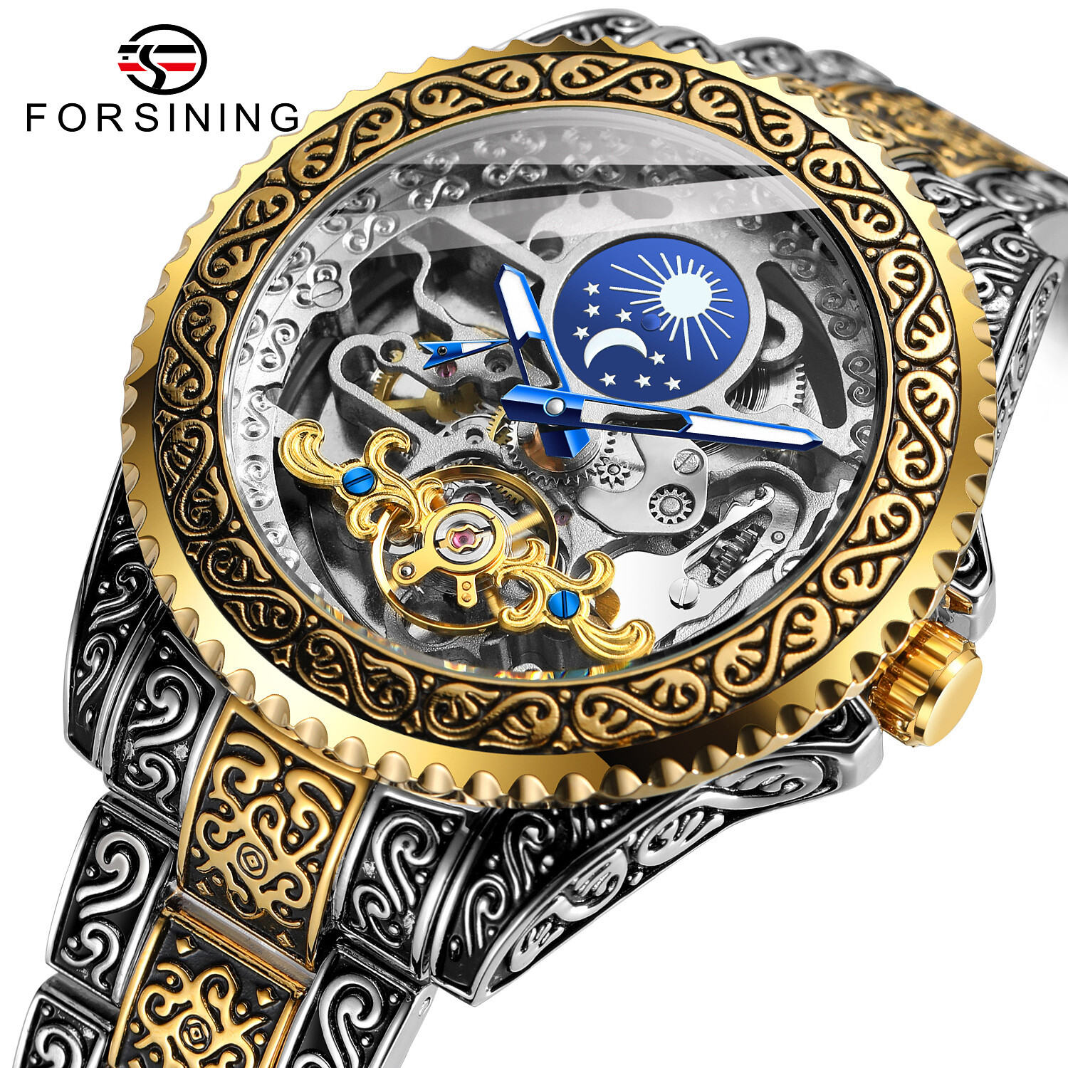 FORSINING Men Retro Luxury Carved Skeleton Tourbillon Automatic Mechanical Watch