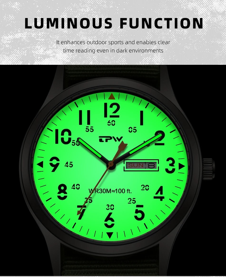 TPW 2026 Field Watch Quartz Military 24H Display Fabric Nylon Strap Easy Read