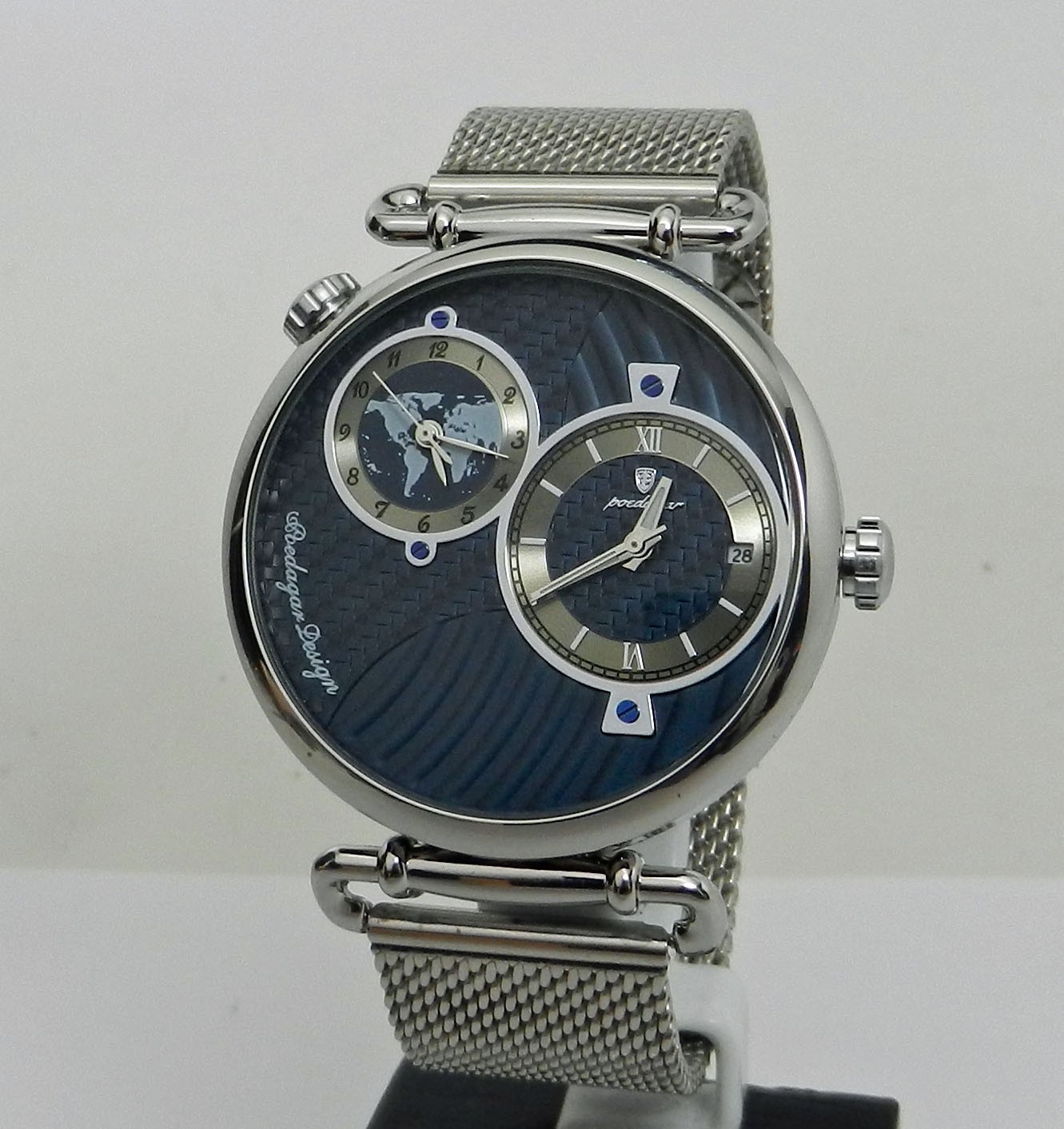 Men’s Dual Time 44mm Textured Blue Date Dial Stainless Steel Mesh Strap Watch