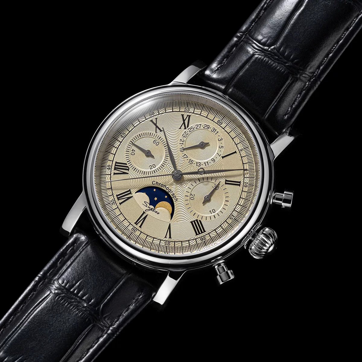 Seagull 1963 Sugess Gold SWAN NECK MoonPhase Master Chronograph Watch New