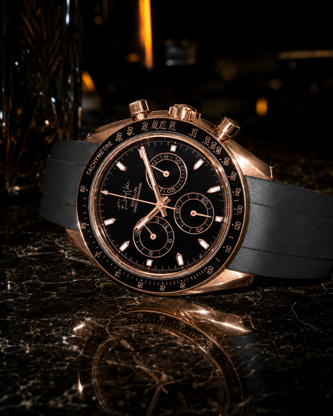 ÉlanNoir Chronograph Watch VK63 Black Dial Rose Case Sapphire Crystal Steel 40mm