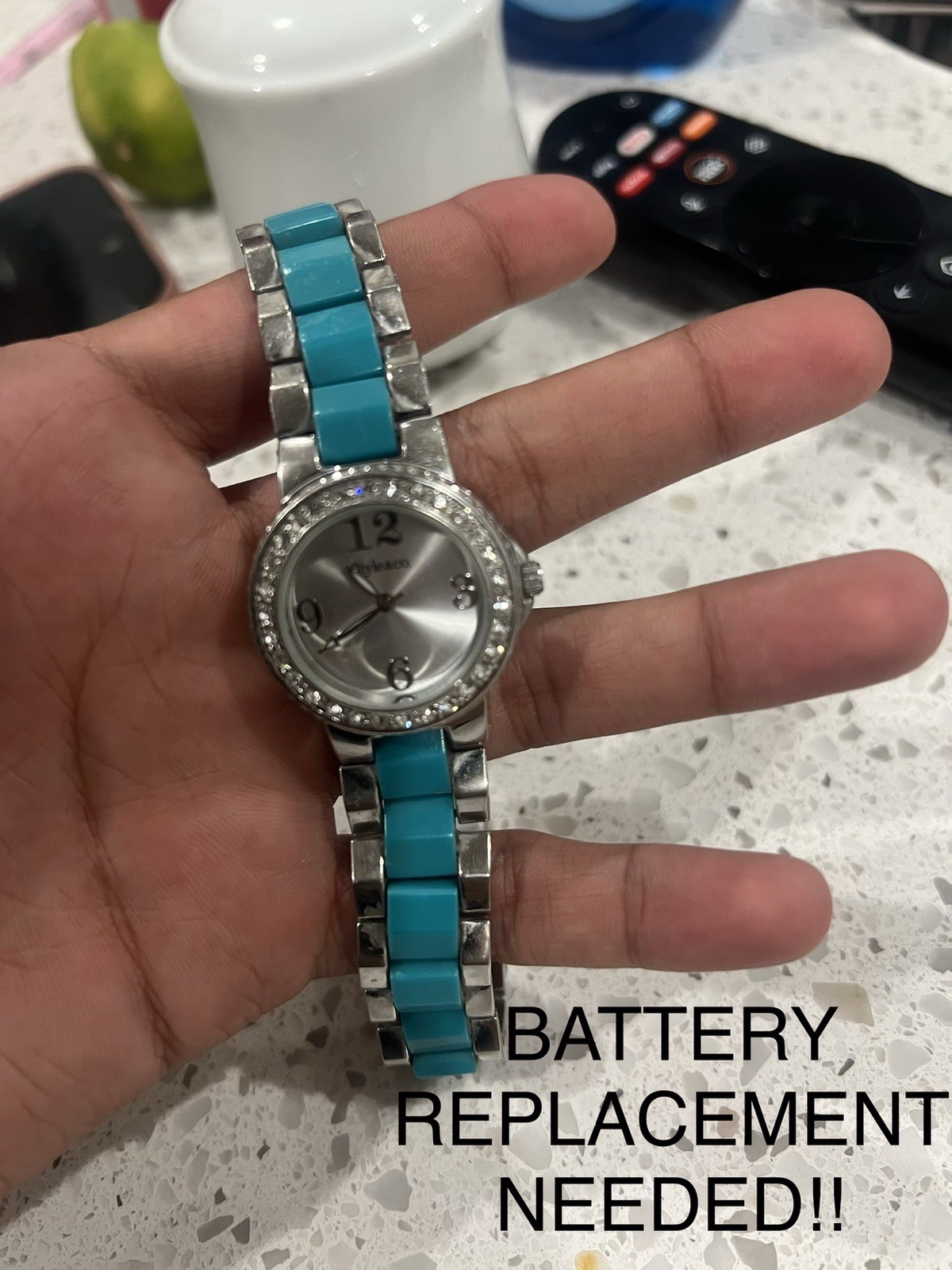 Geneva Women’s Quartz Analog Watch Blue/Silver SS Bracelet Gem-Set Bezel.