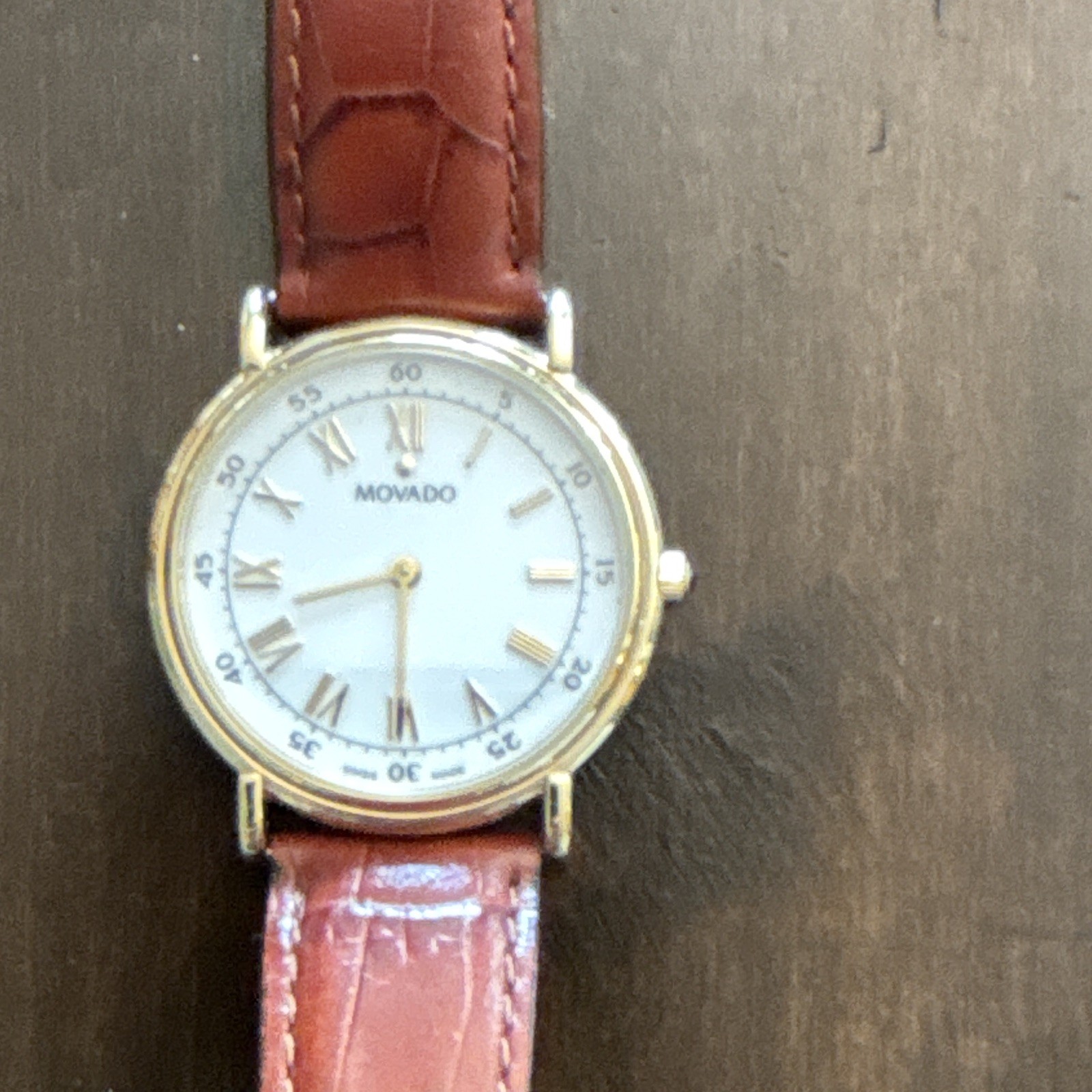 Movado Quartz Vintage 1987 White Dial Roman, Gold Case Brown Leather Strap