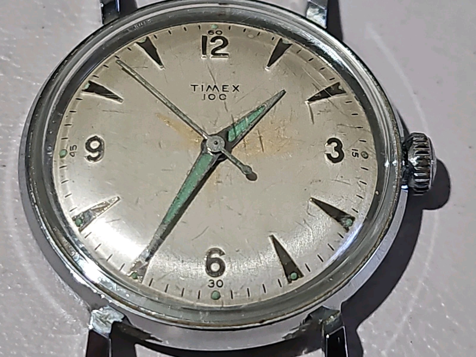 1958 Timex 100 Men Manual Wind Watch Chrome Plate Run/Stop Luminous Hands 10A58