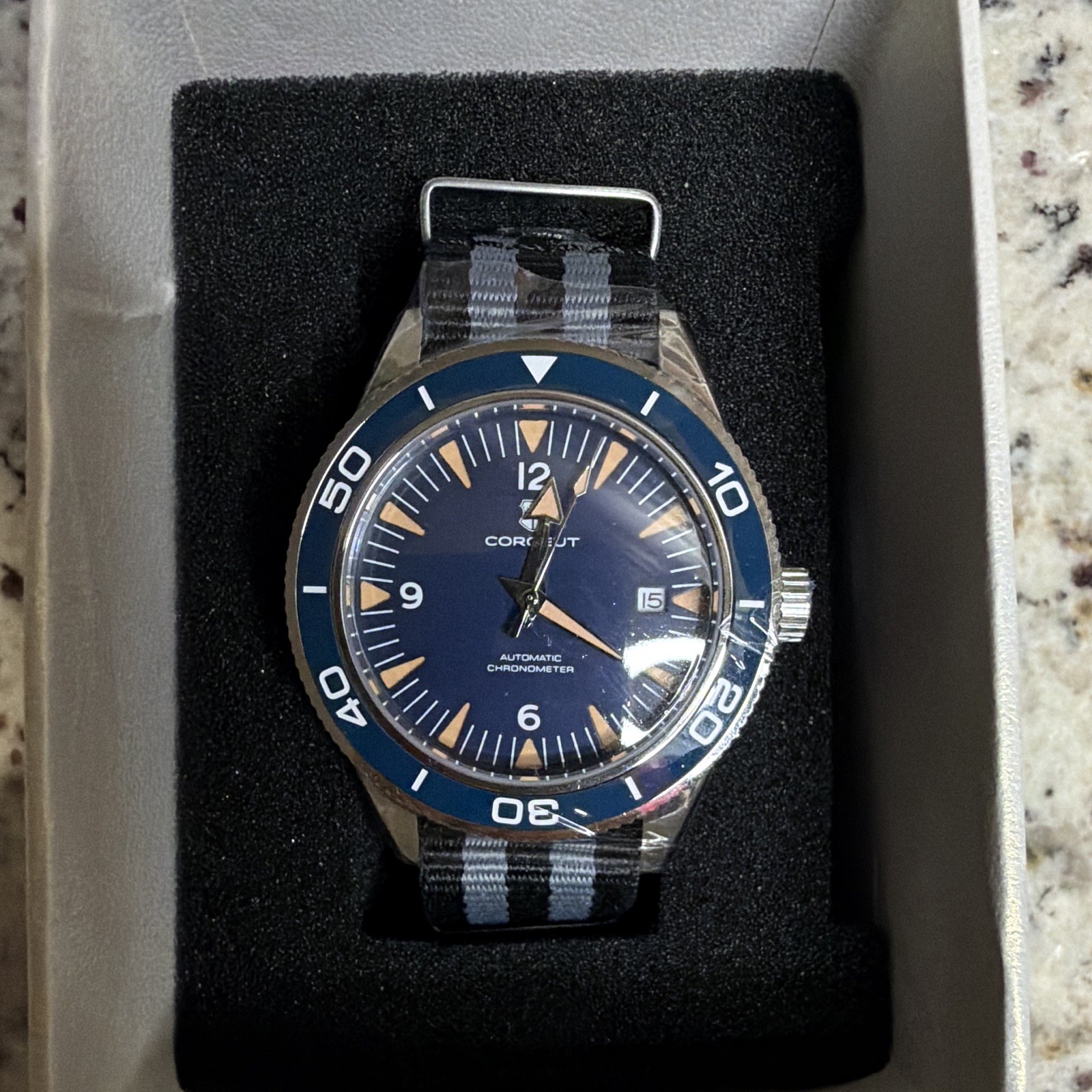 CORGEUT Automatic Diver Watch Blue Dial/Bezel Date Nylon Strap w/ Box