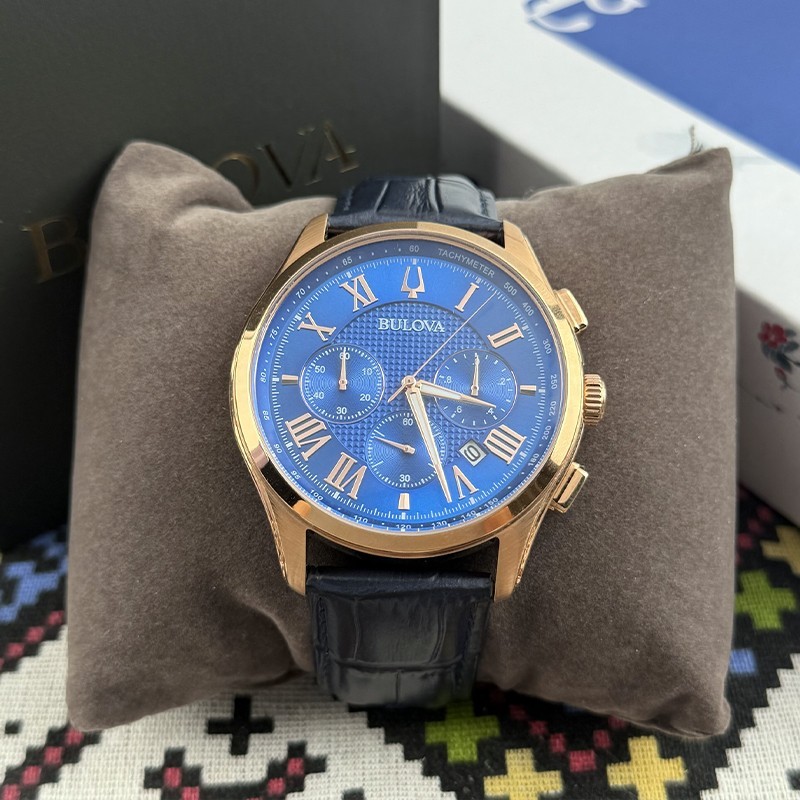 Bulova Classic Wilton Men’s 97B170 Blue Dial Blue Leather Quartz Watch 46.5mm
