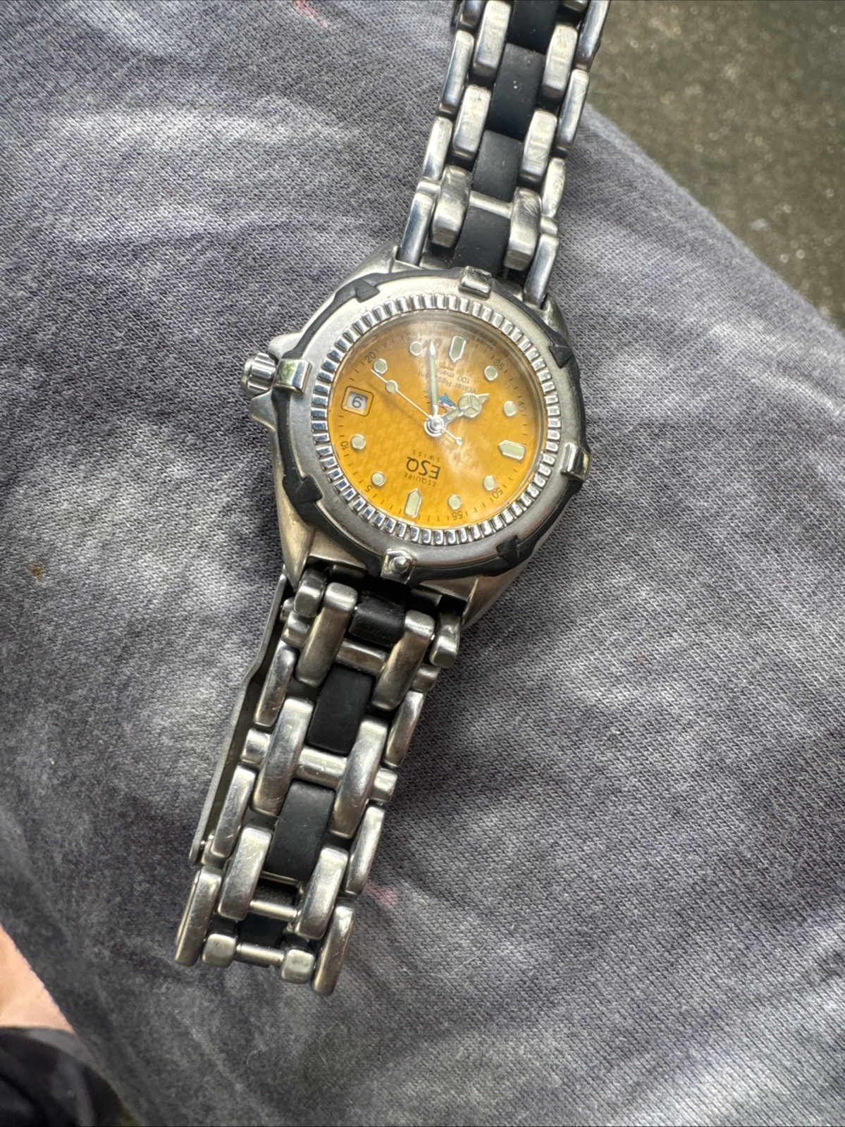 ESQ by Movado Men’s Quartz Sport 100m Yellow Dial Date Silver/Black Bracelet