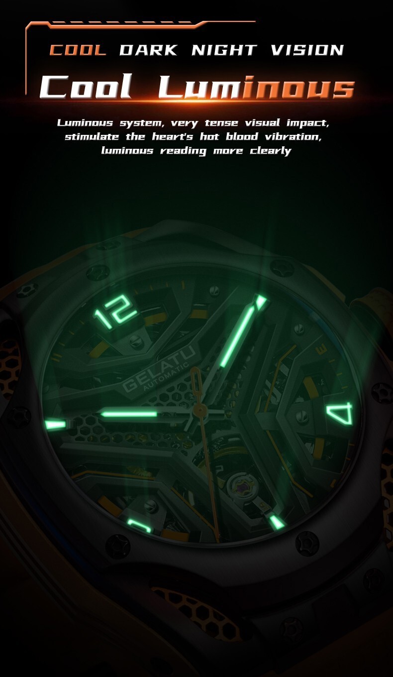 GELATU Men’s Skeleton Sport Automatic Mechanical Watch 5ATM Luminous Wristwatch