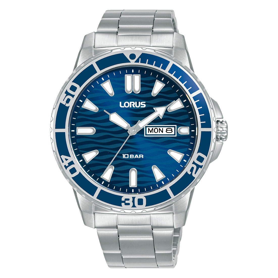 Lorus 42mm Quartz – Dark Blue Sunray Dial | Stainless Steel Bracelet | Day-Date