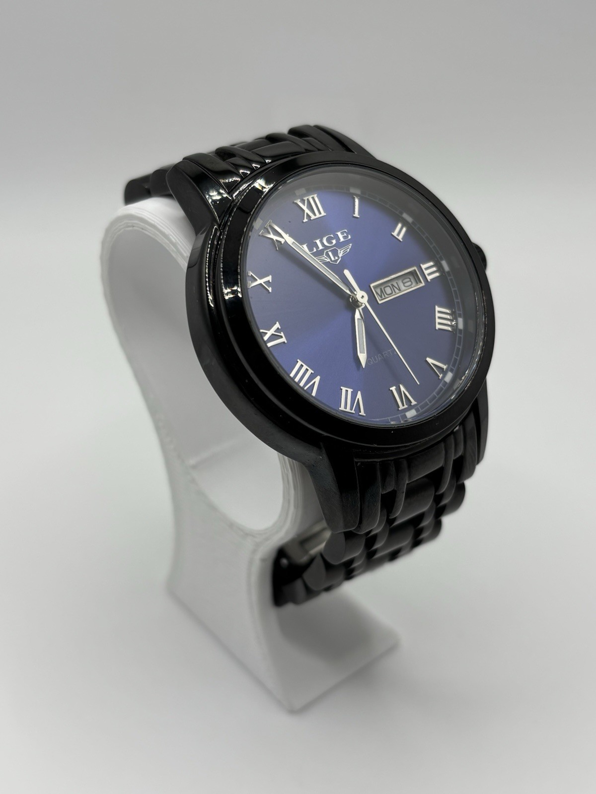 Lige Dream 1853 Men’s Watch Day/Date Fancy Blue Dial Black Band New Battery