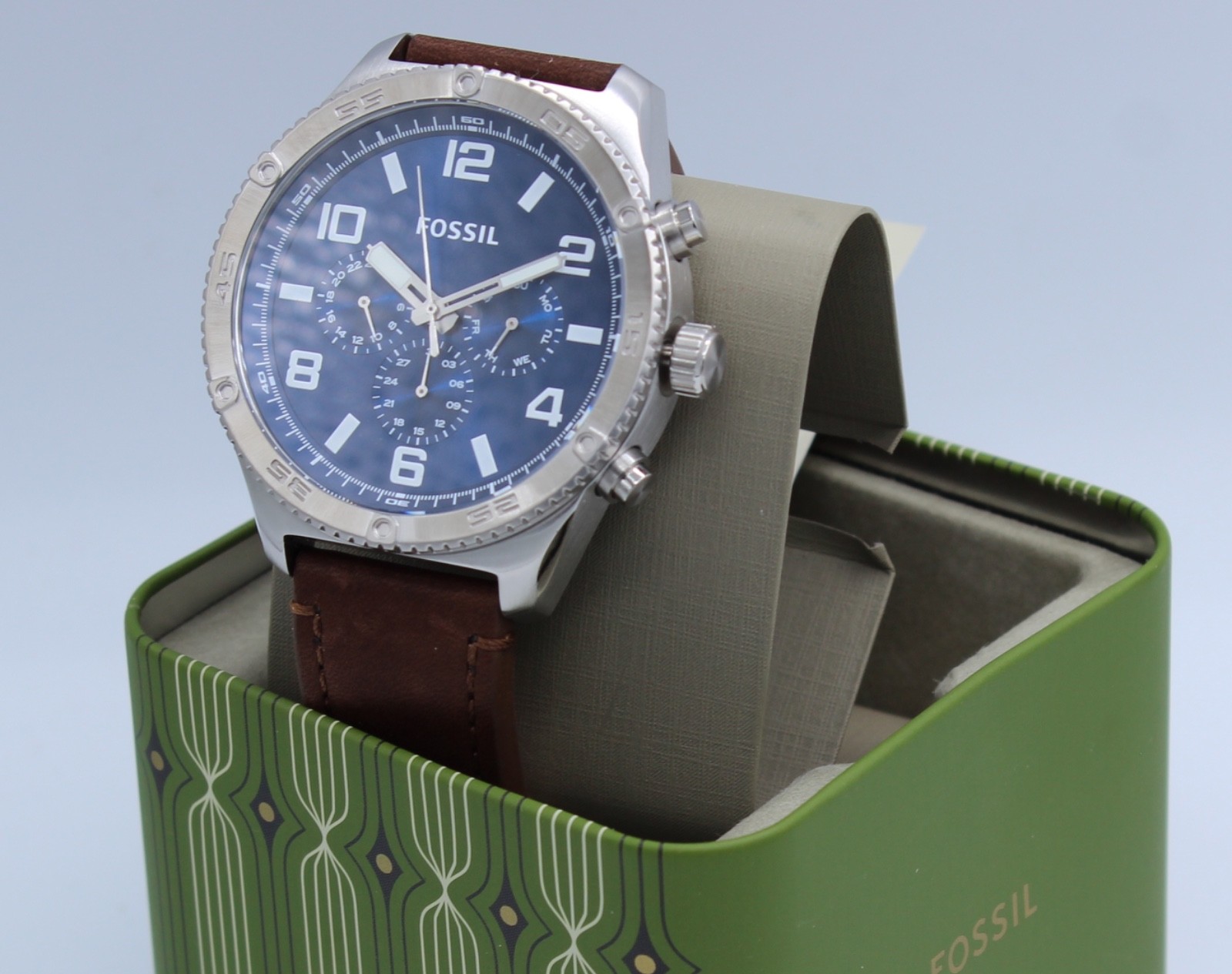 Fossil Brox Silver Blue Chronograph Brown Leather BQ2799 Men Watch