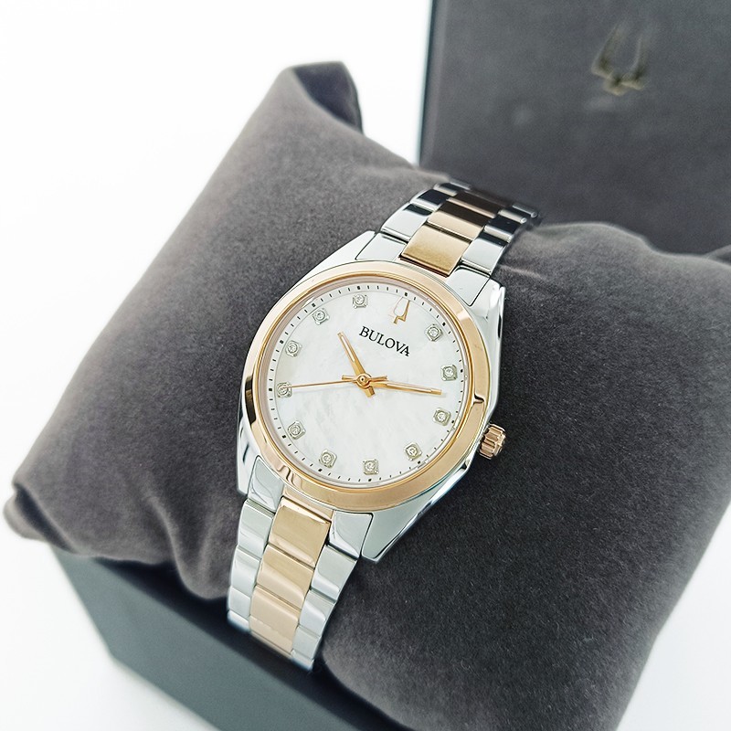 Bulova Surveyor Diamonds Gold Bracelet White Dial Women 98P207 Quartz Watch 31mm