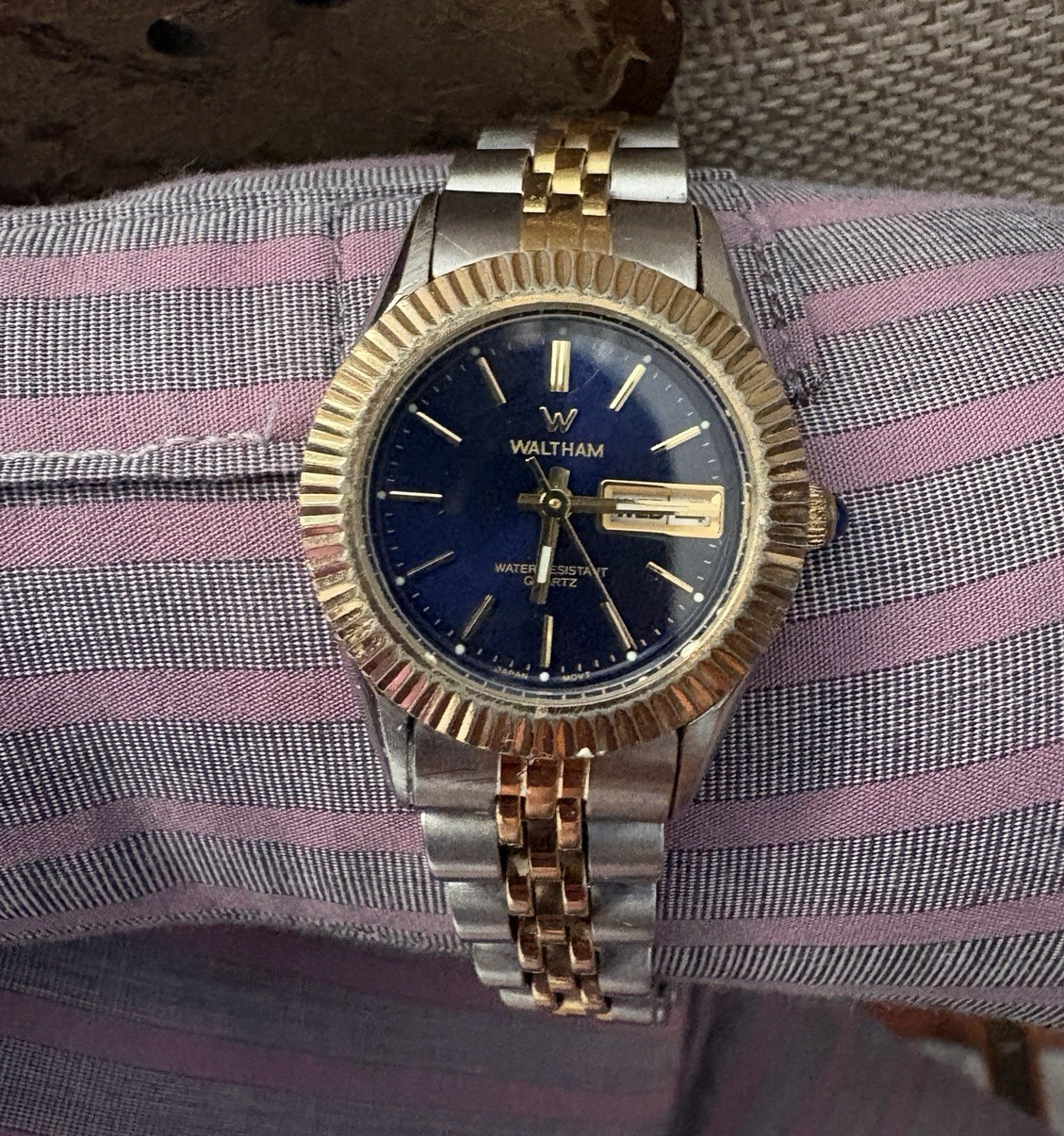 Waltham Quartz W-1027 Day/Date Water-Resistant Blue Dial Two-Tone Bracelet