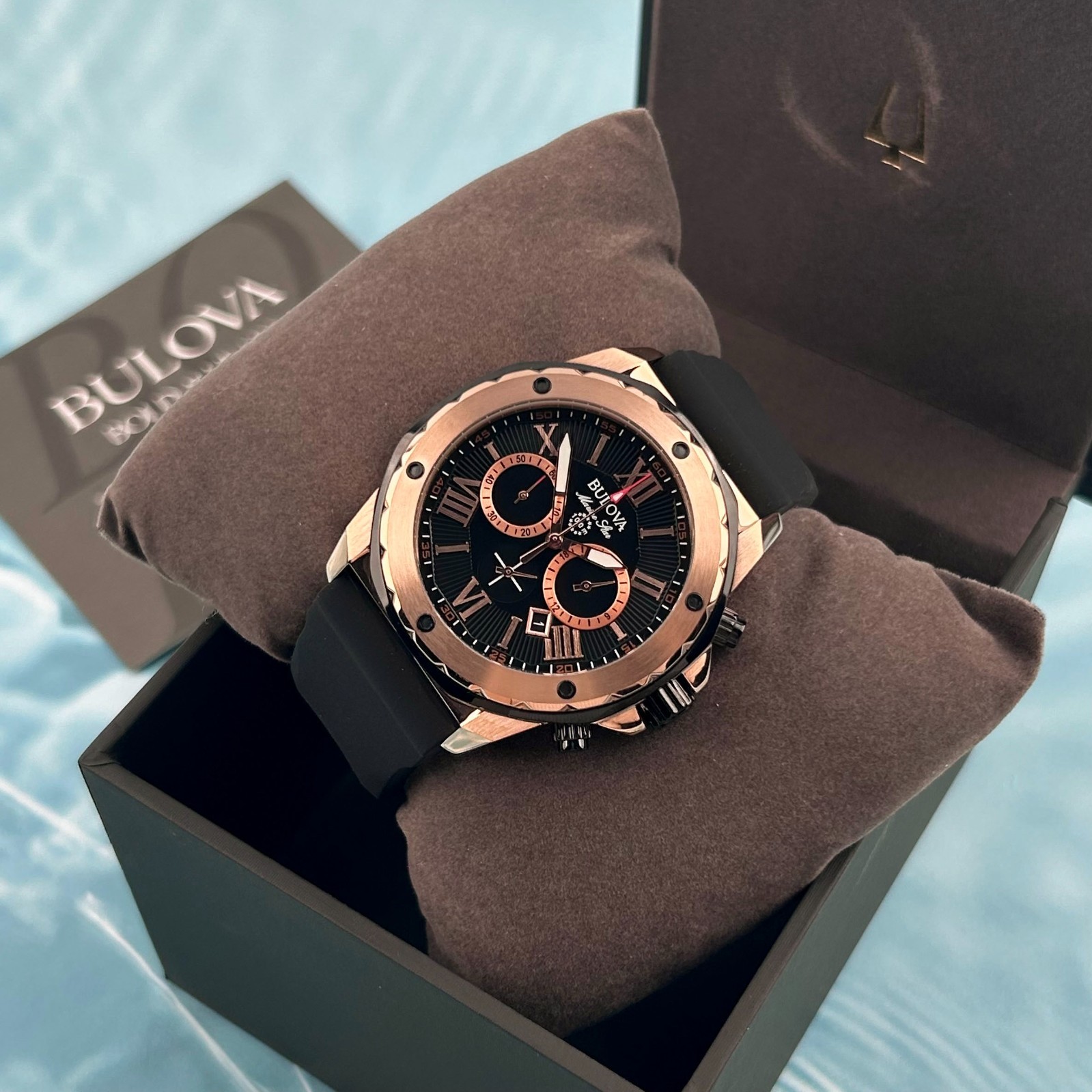 Bulova 98B104 Men’s Marine Star Black Dial Black Rubber Strap Quartz Watch