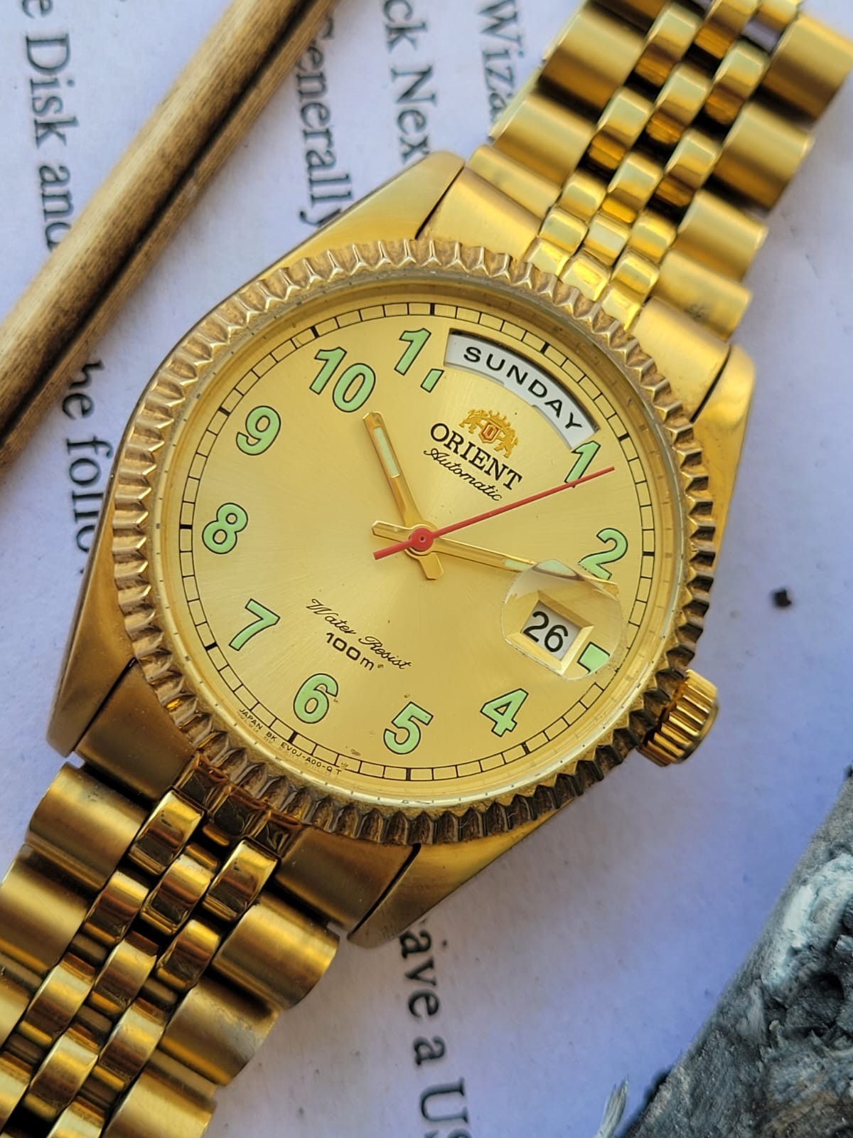 Orient President Gold Plated Fluted Bezel EV0J-A0-B Automatic Vintage Watch