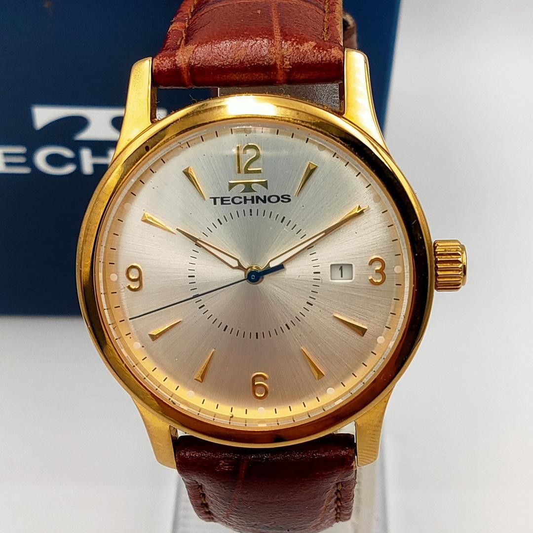 USED TECHNOS T4167 Gold-Tone Date Leather Band Quartz Watch