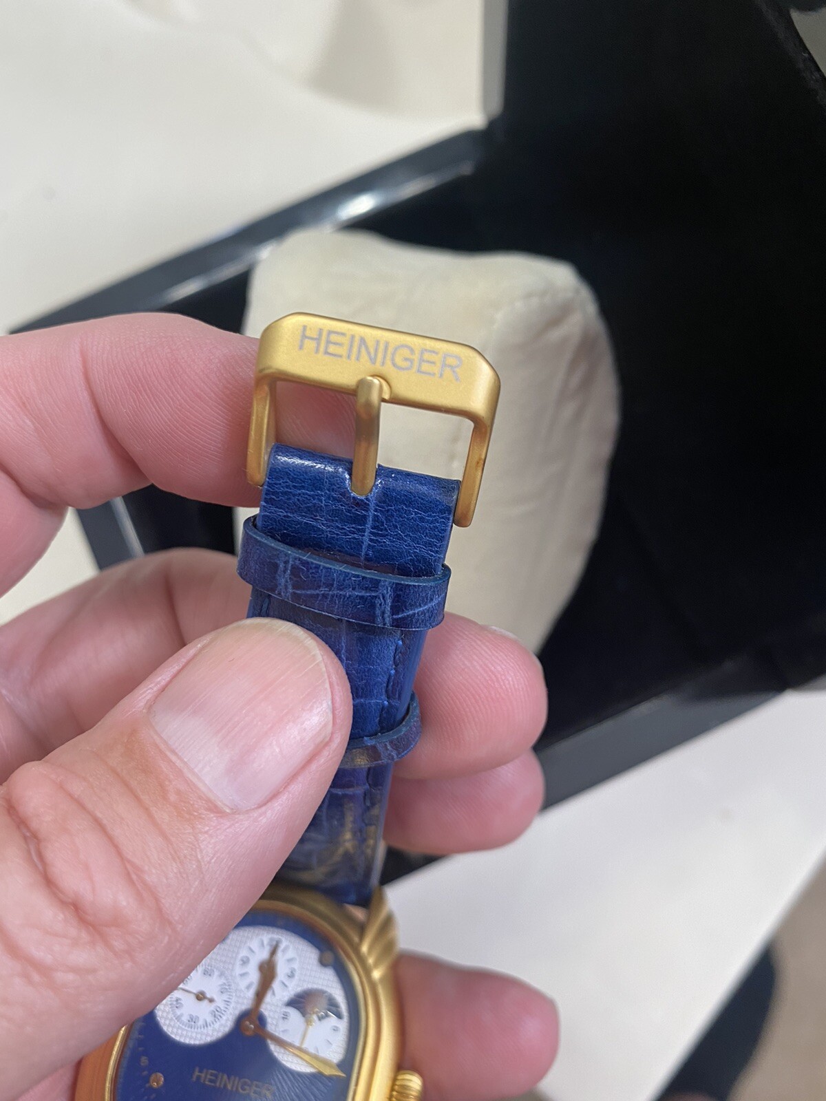 Heiniger Mechanical Watch Swiss Lever Escapement Brass Housing Blue Leather band