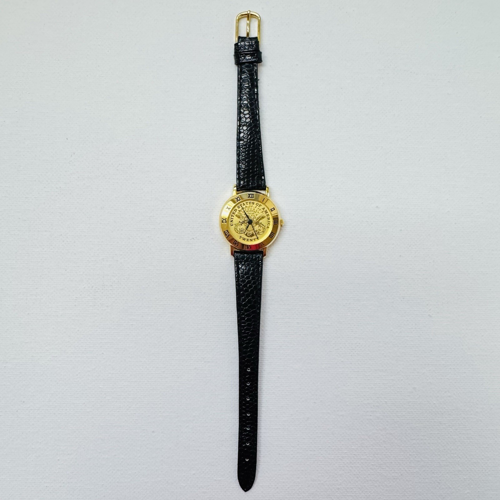 Vintage Twenty Coin Watch Women’s 26mm Gold Black Leather United States 1040L