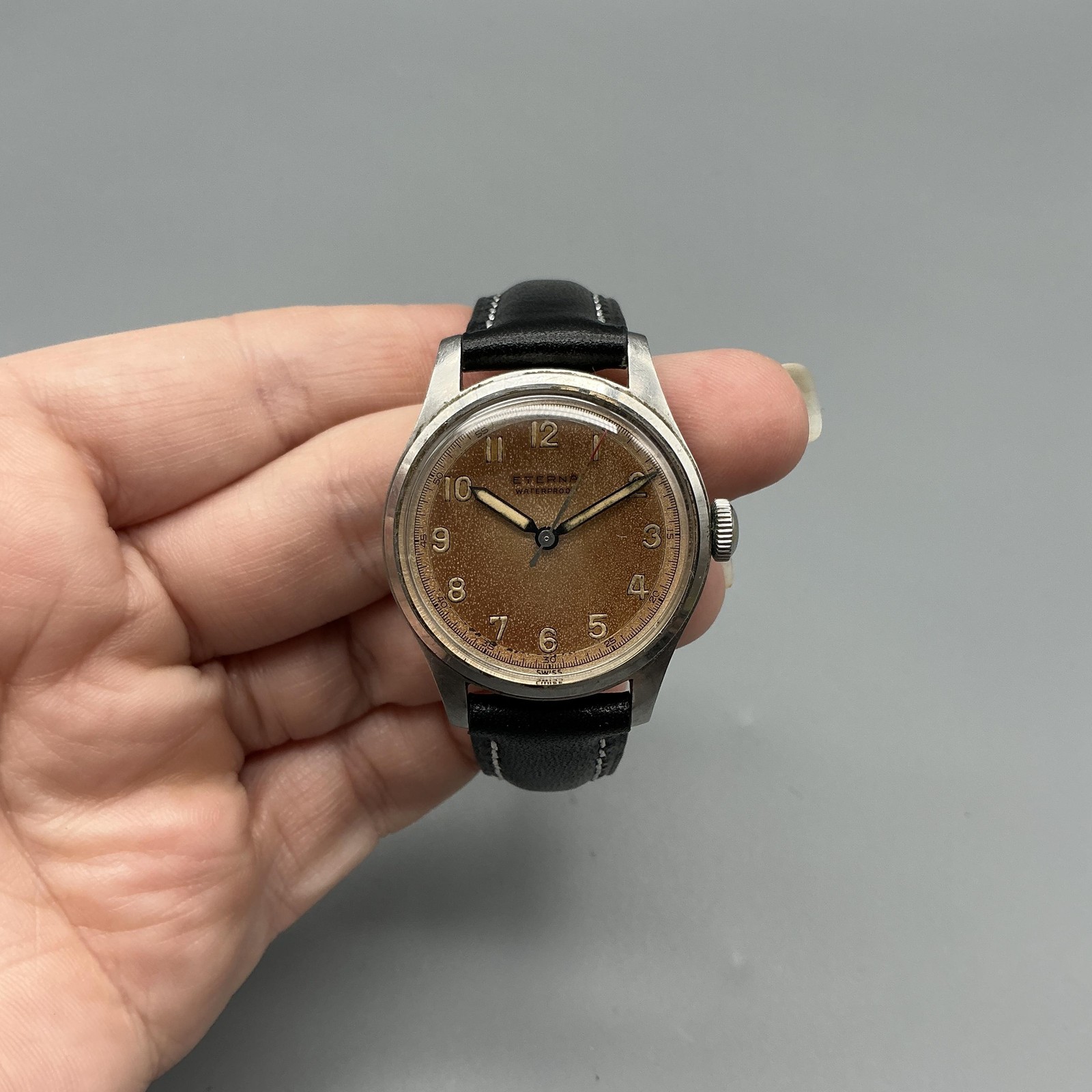 Vintage Eterna Mens Watch 30mm Patina Dial Stainless Black Leather Manual Wind