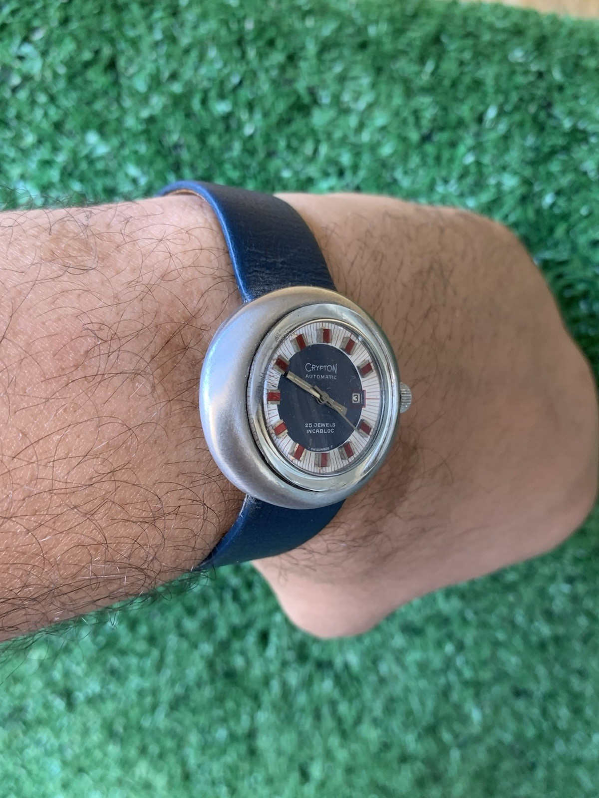 Crypton Automatic Mechanical Watch 25 Jewels Date Blue 37mm 1970s Vintage Red