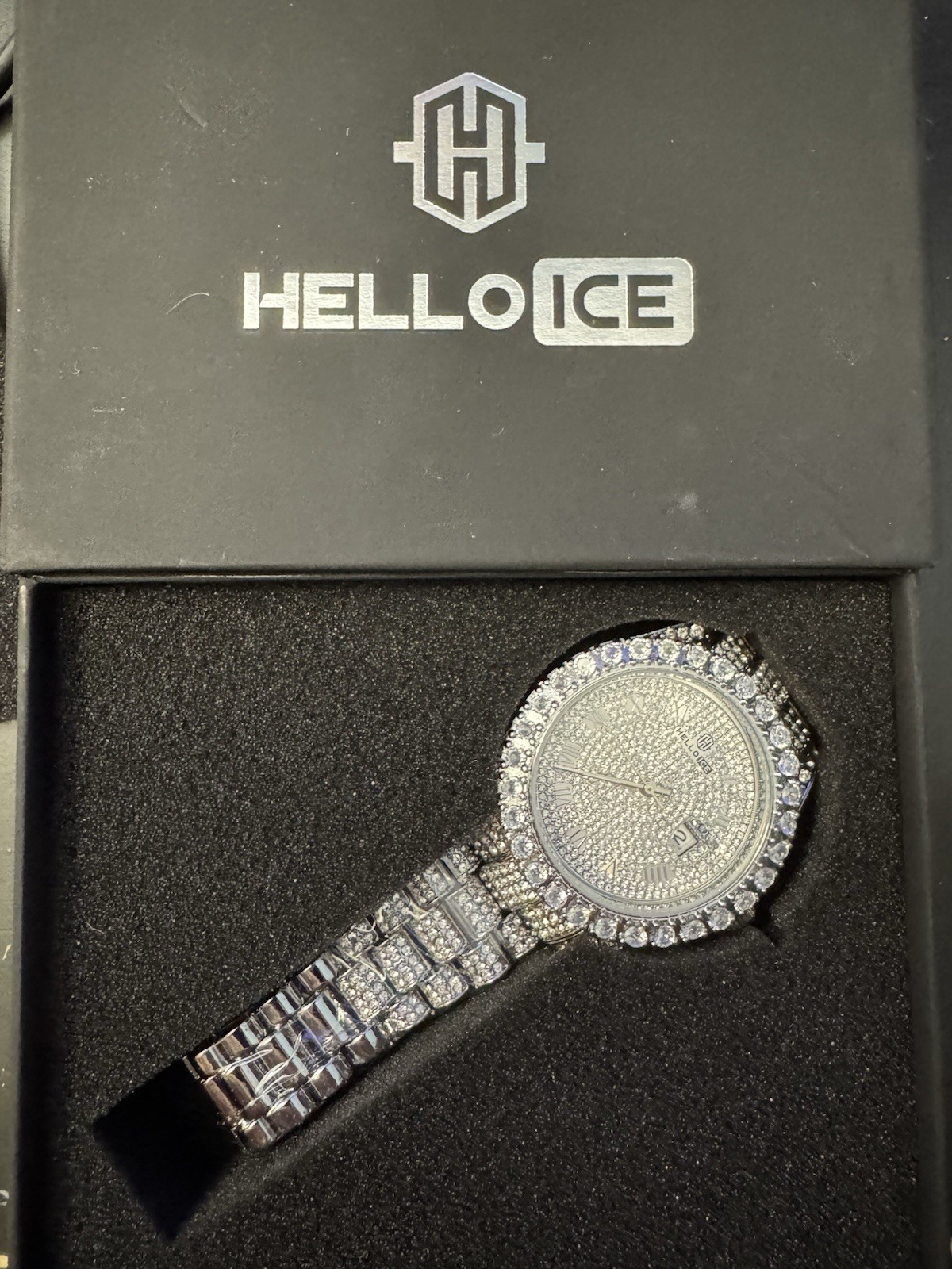 HELLOICE Iced-Out Silver Tone Roman Numeral Date Quartz Watch w/ Box