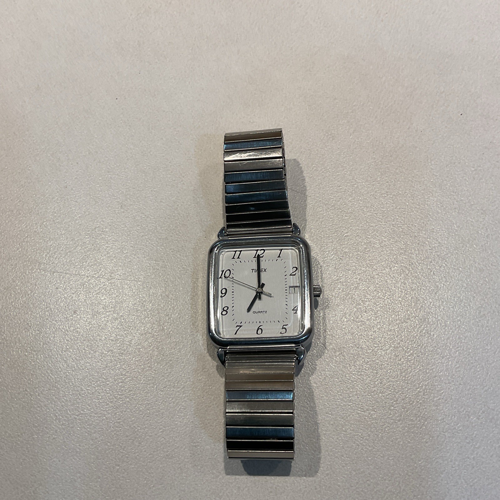 Timex LA Cell Quartz Analog Date Square Watch White Dial Arabic Silver 25mm