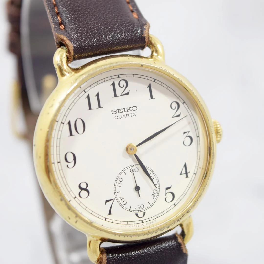 SEIKO Chariot 2628-0140 Quartz SS Gold Plated 1.25in Dial White Gold Brown