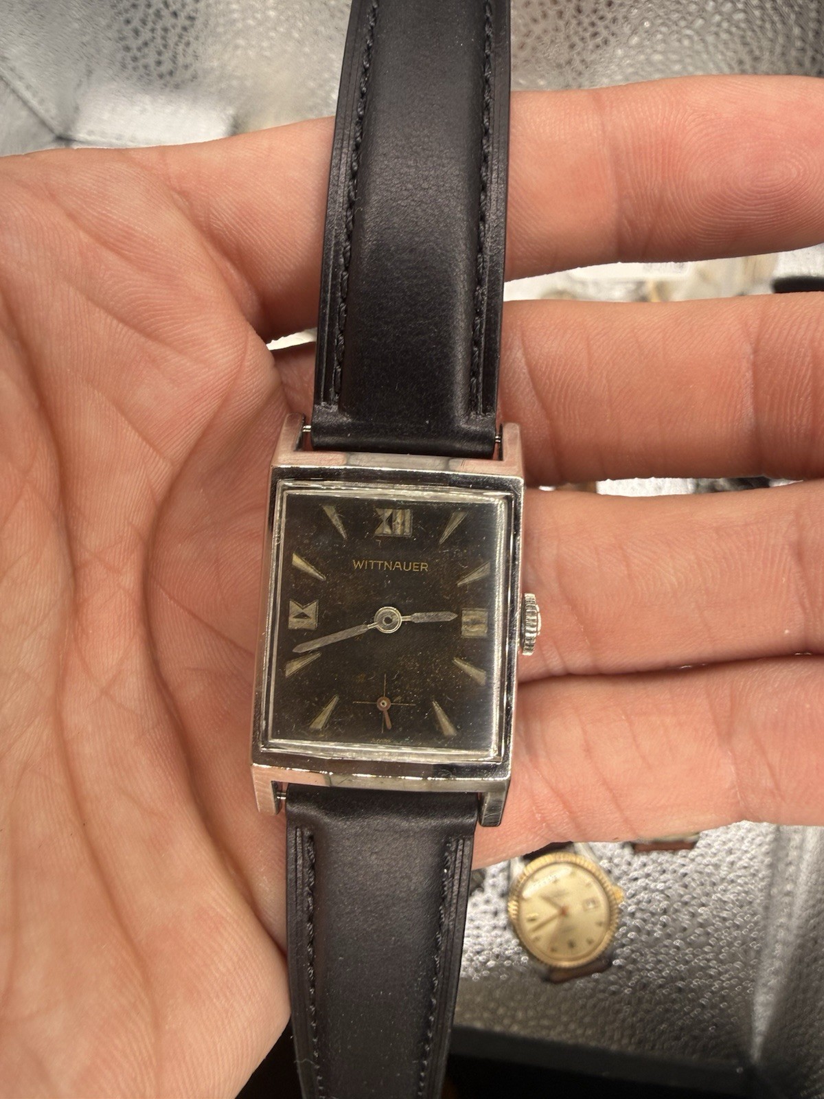 Wittnauer Vintage Rectangular Manual Wind Small Seconds Black Gilt Dial