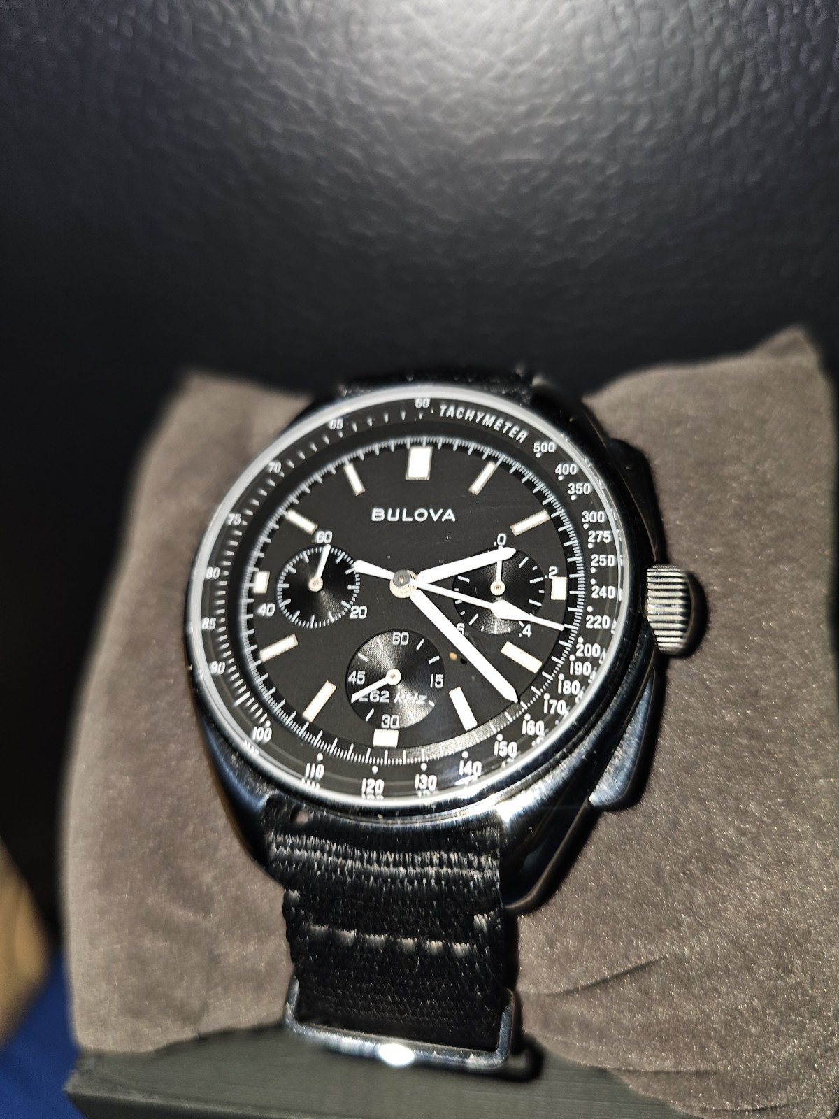 Bulova Lunar Pilot Quartz Chronograph Tachymeter Black Dial NATO Strap Box