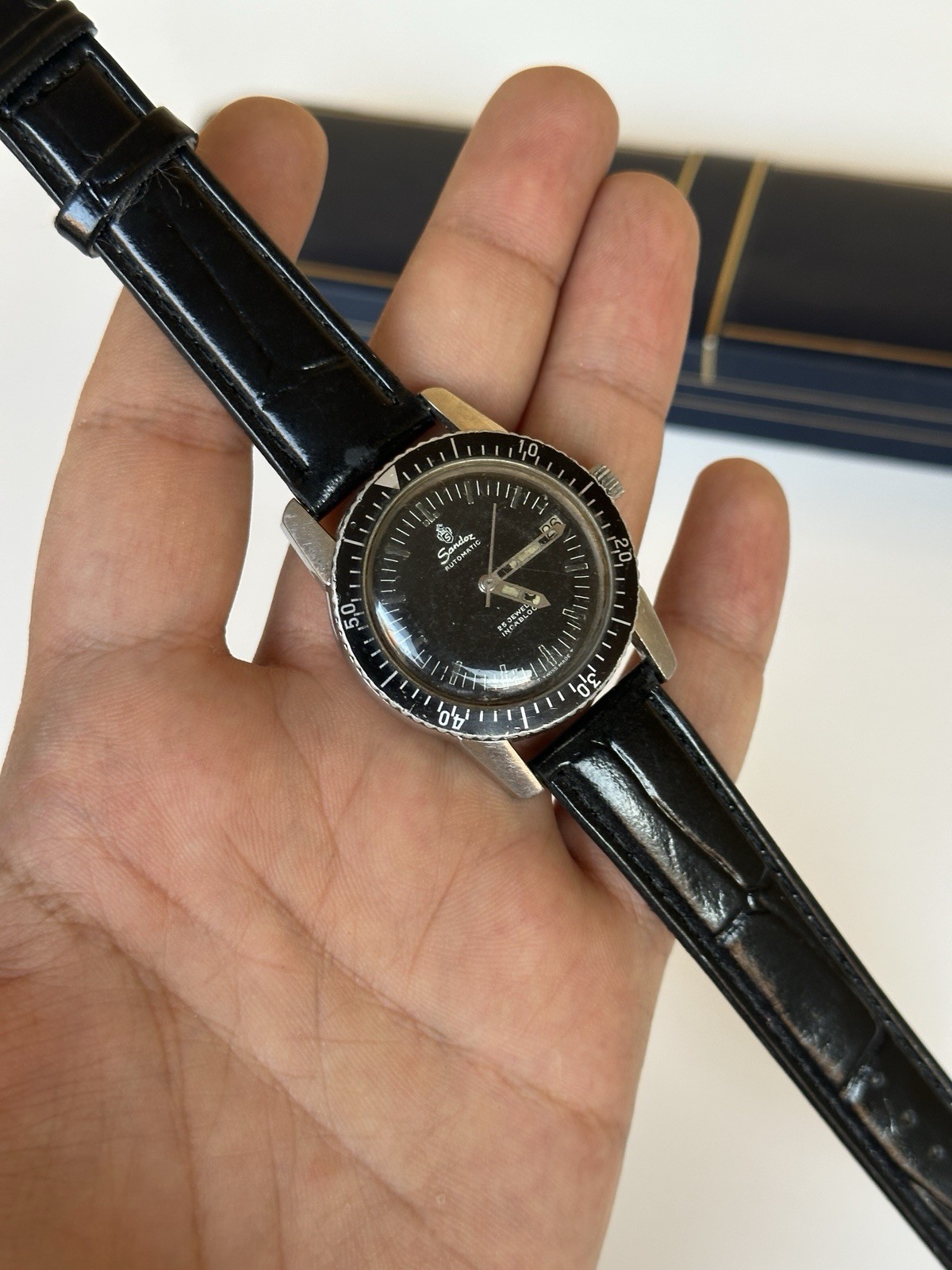 Rare Vintage Sandoz Automatic Skin Diver Watch 25 Jewels 37mm Boxed Black Date