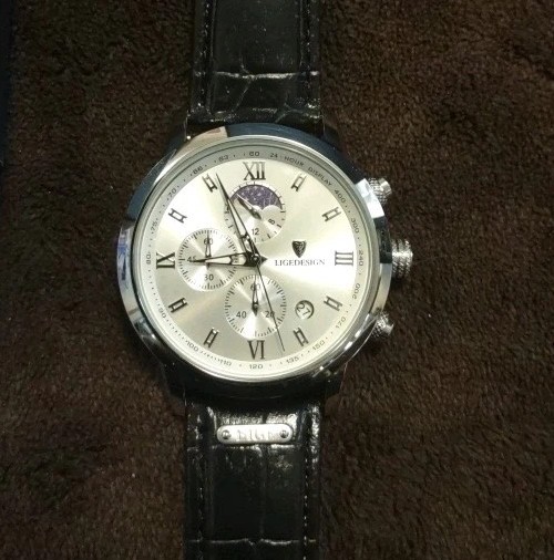 LIGE Men’s Watch Quartz Silver Chronograph Moonphase Black Leather Waterproof