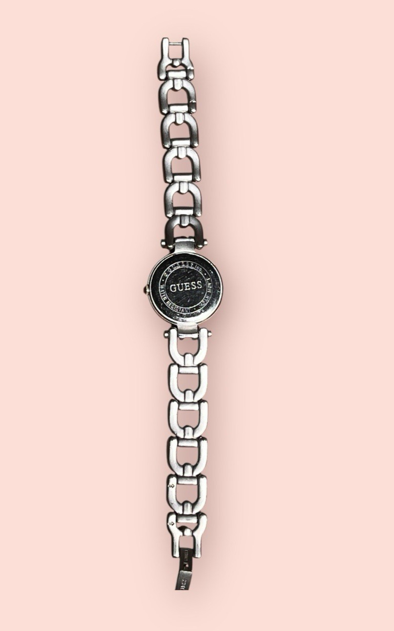 Vtg Guess Women Working Watch Pink Brushed Silver Chain Fold Over Clasp 6.75″