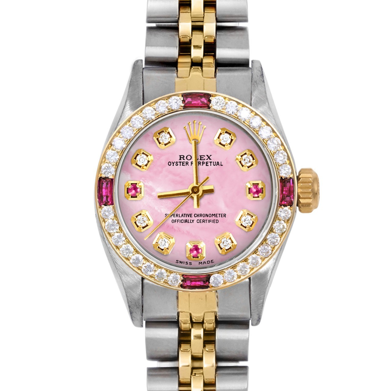 Rolex Ladies TT Oyster Perpetual Pink MOP Ruby Diamond Dial Ruby Diamond Bezel