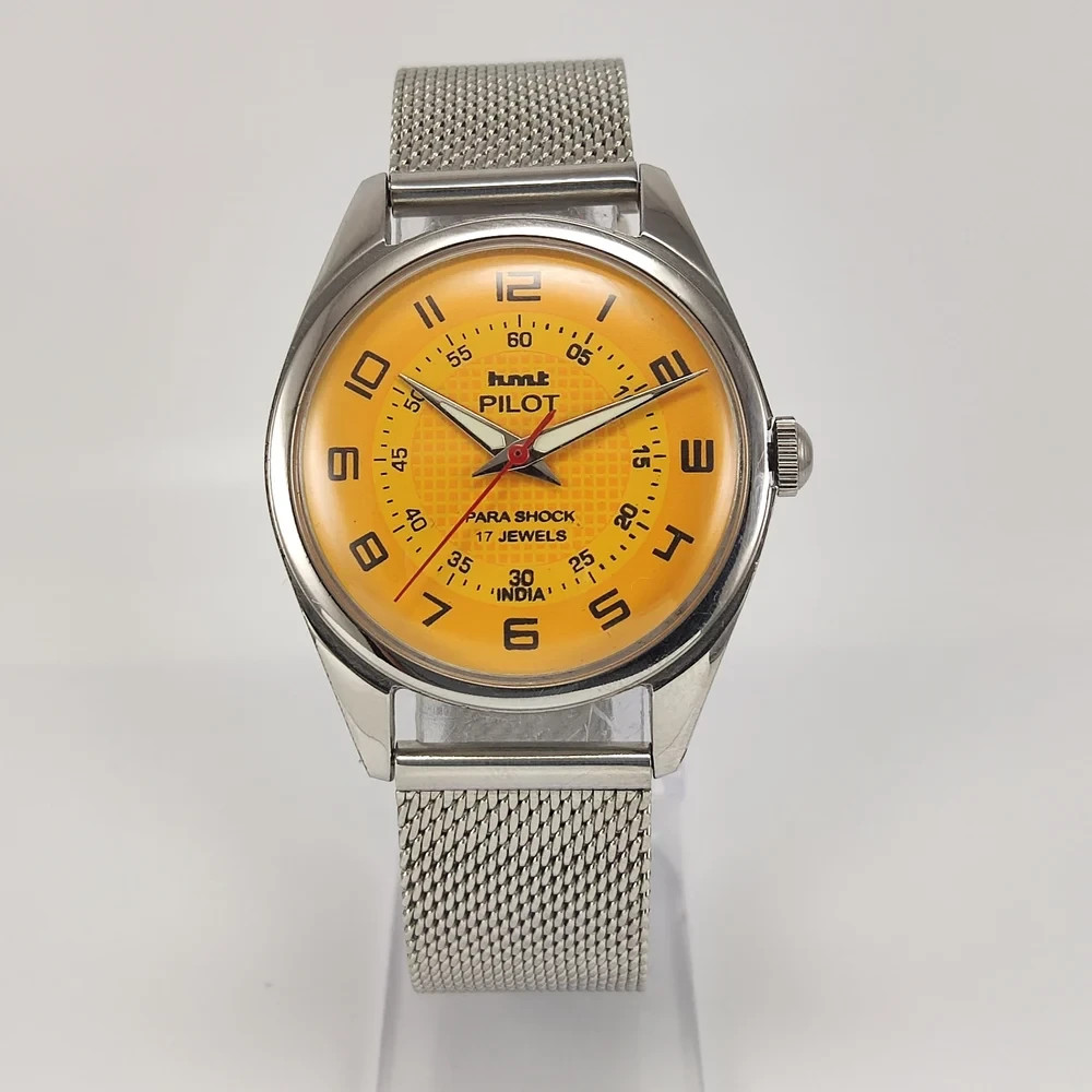 HMT Pilot Vintage Mechanical Hand-Winding Watch Yellow Dial 17 Jewels Working